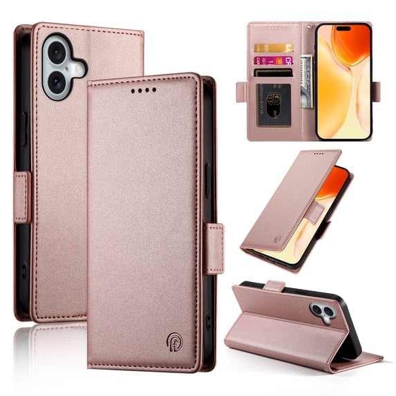 PU Leather Case Compatible with iPhone 16, Classic Kickstand/Cover/Wallet/Flip Magnetic Protective Case with Card Slots & Horizontal Stand Phone Case for iPhone 16, Rosegold