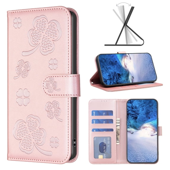 PU Leather Case Compatible with iPhone 16, Lovely Floral Embossed Design Phone Case Flip Notebook Wallet Card Slots Holder Magnetic Stand Slim Cover for iPhone 16, Pink