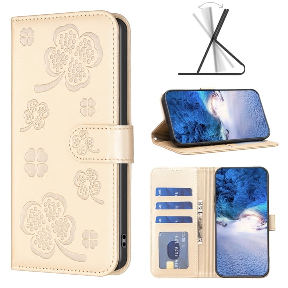 PU Leather Case Compatible with iPhone 16, Lovely Floral Embossed Design Phone Case Flip Notebook Wallet Card Slots Holder Magnetic Stand Slim Cover for iPhone 16, Gold