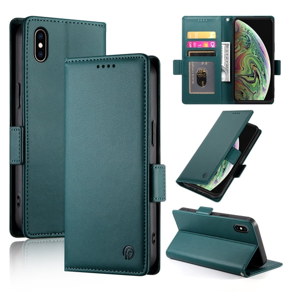 PU Leather Case Compatible with iPhone X/XS, Classic Kickstand/Cover/Wallet/Flip Magnetic Protective Case with Card Slots & Horizontal Stand Phone Case for iPhone X/XS, Darkgreen