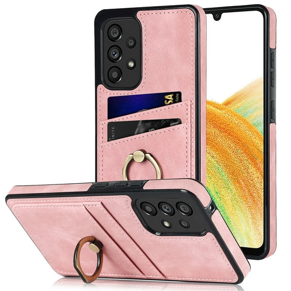 PU Leather Case for Samsung Galaxy A33 5G 6.4 Inch, Slim Fit Soft TPU Shockproof Drop Resistant Protective Case with Ring Holder Kickstand Card Slots Phone Cover for Samsung Galaxy A33 5G,Pink