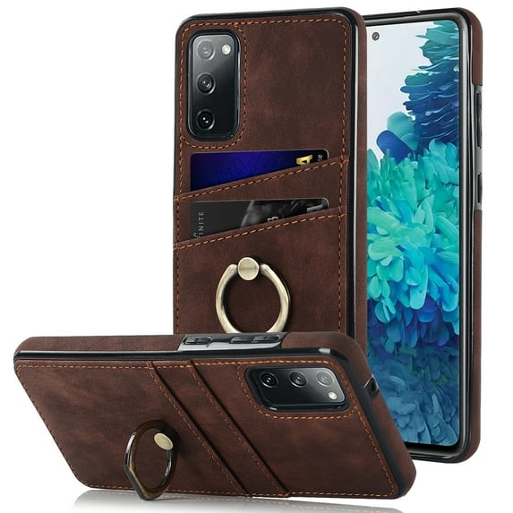 PU Leather Case for Samsung Galaxy S20 FE 6.5 Inch with Ring Holder Kickstand Card Slots Slim Fit Cover, Soft TPU Bumper Shockproof Non-Slip Protective Phone Case for Samsung Galaxy S20 FE,Coffee