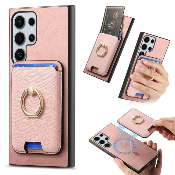 PU Leather Case for Samsung Galaxy S25 Ultra, Detachable Magnetic Card Holder Slim Protective Support Car Magnetic Mount Secure-Grip Ring Stand Compatible with Samsung Galaxy S25 Ultra - Pink