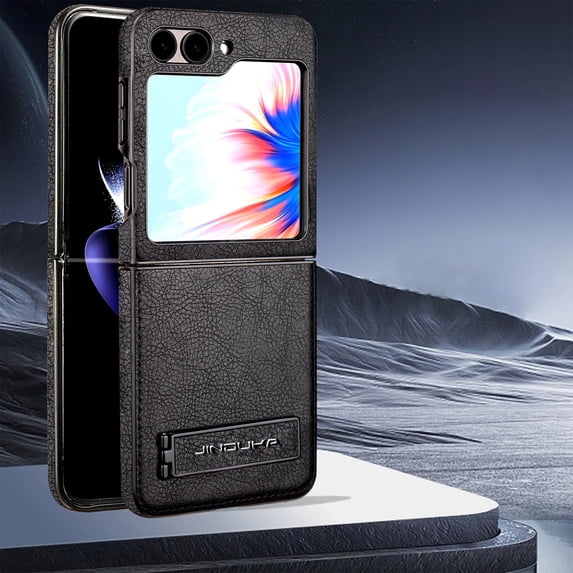 PU Leather Case for Samsung Galaxy Z Flip 5 Case, Vintage Drop Protective Slim with Kickstand Shockproof Phone Cases, Built-in Invisible Kickstand Cover Compatible with Galaxy Z Flip 5, Black