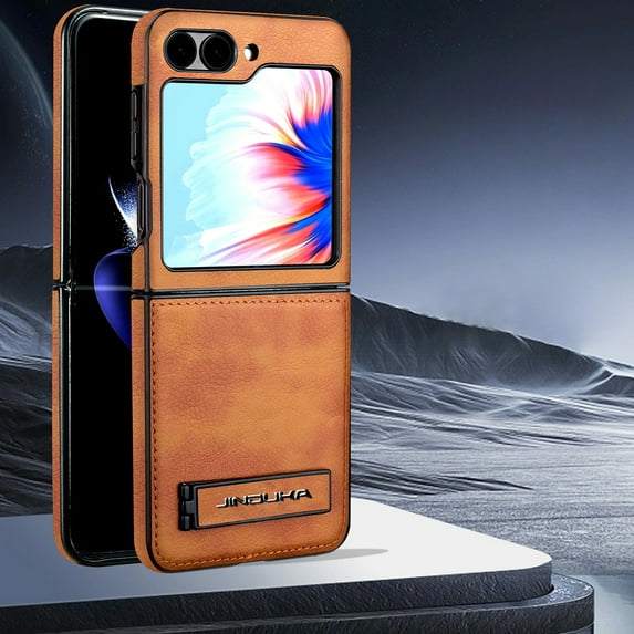 PU Leather Case for Samsung Galaxy Z Flip 6 Case, Vintage Drop Protective Slim with Kickstand Shockproof Phone Cases, Built-in Invisible Kickstand Cover Compatible with Galaxy Z Flip 6, Brown