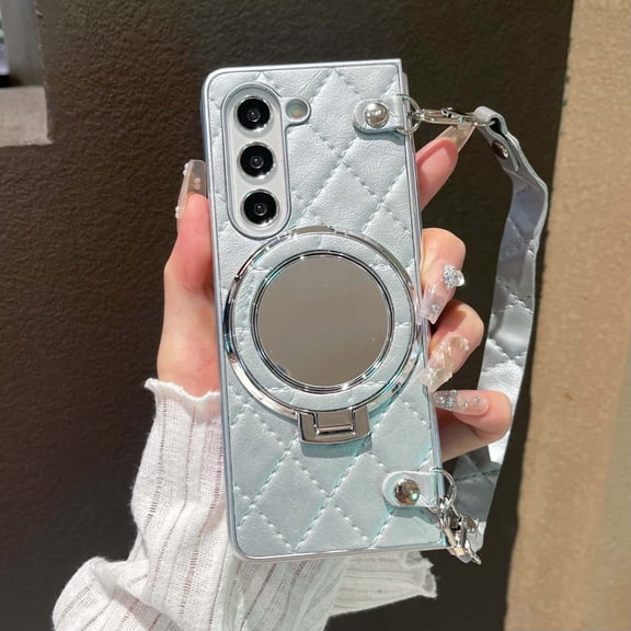 PU Leather Case for Samsung Galaxy Z Fold 5, Electroplated Frame, Hand Strap Kickstand, Magnetic Ring, Built-in Mirror, Drop Protective Stylish Cover for Women for Samsung Galaxy Z Fold 5, Silver