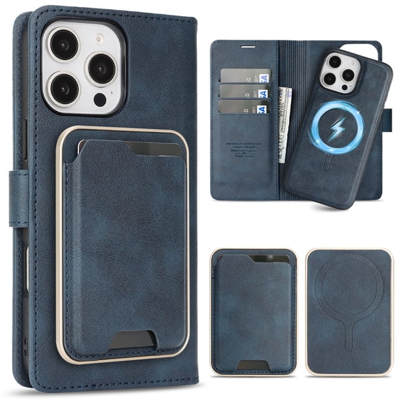PU Leather Case for iPhone 14, 3-in-1 Detachable Magnetic Wallet Case with Card Bag & Inner Back Cover, Full Body Rugged Protection Kickstand Shockproof Classic Business Phone Case, Blue