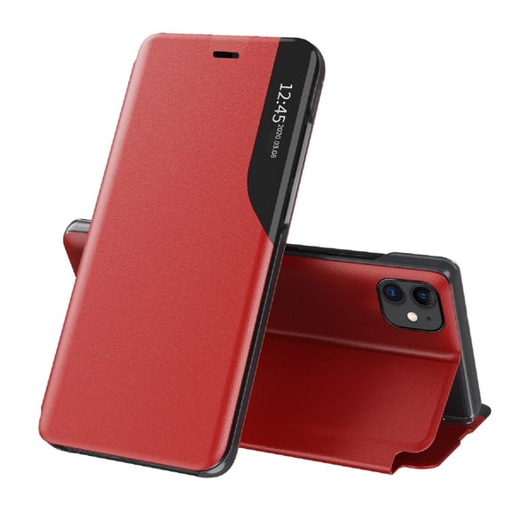 PU Leather Case for iPhone 14 with Bracket Kickstand Magnetic Closure Mirror Window Case, Premium Luxury Texture Shockproof Drop Resistant Flip Folio Phone Cover for iPhone 14,Red