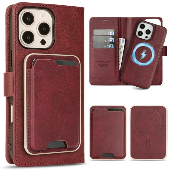 PU Leather Case for iPhone 14 Pro Max, 3-in-1 Detachable Magnetic Wallet Case with Card Bag & Inner Back Cover, Full Body Rugged Protection Kickstand Shockproof Classic Business Phone Case, Red