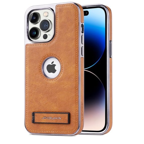 PU Leather Case for iPhone 15 Plus Case with Built-in Invisible Stand, Protective Slim Cover with Kickstand Shockproof Logo Hollow Design Phone Case Compatible for iPhone 15 Plus, Brown