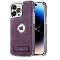 PU Leather Case for iPhone 15 Plus Case with Built-in Invisible Stand, Protective Slim Cover with Kickstand Shockproof Logo Hollow Design Phone Case Compatible for iPhone 15 Plus, Purple