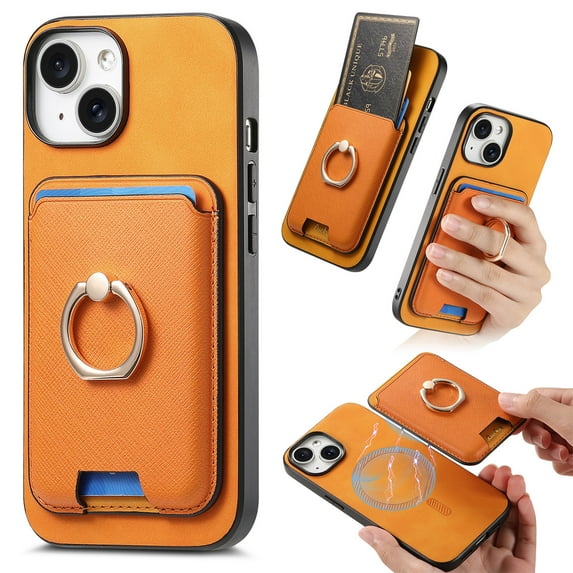 PU Leather Case for iPhone 15 Plus, Detachable Magnetic Card Holder Slim Protective Support Car Magnetic Mount Secure-Grip Ring Stand Compatible with iPhone 15 Plus - Yellow