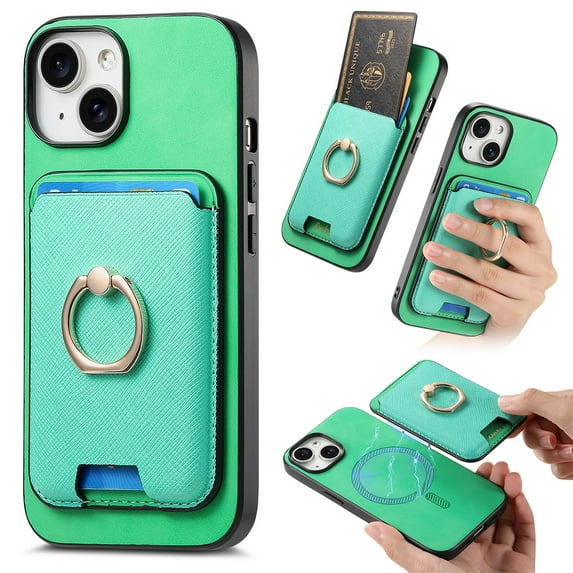 PU Leather Case for iPhone 15 Plus, Detachable Magnetic Card Holder Slim Protective Support Car Magnetic Mount Secure-Grip Ring Stand Compatible with iPhone 15 Plus - Green