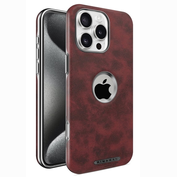 PU Leather Case for iPhone 15 Pro Max Magnetic Compatible with Mag-Safe, Logo View Elegant PU Leather Plating Hard Frame Protective Phone Cover Support Car Mount for iPhone 15 Pro Max 6.7", Winered