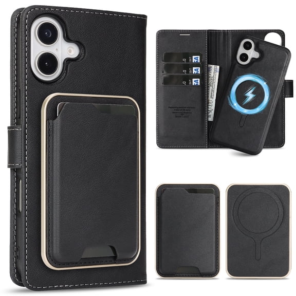 PU Leather Case for iPhone 16, 3-in-1 Detachable Magnetic Wallet Case with Card Bag & Inner Back Cover, Full Body Rugged Protection Kickstand Shockproof Classic Business Phone Case, Black