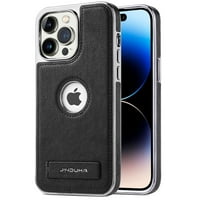 PU Leather Case for iPhone 16 Pro Case with Built-in Invisible Stand, Protective Slim Cover with Kickstand Shockproof Logo Hollow Design Phone Case Compatible for iPhone 16 Pro, Black