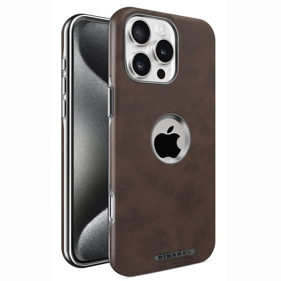 PU Leather Case for iPhone 16 Pro Max Magnetic Compatible with Mag-Safe, Logo View Elegant PU Leather Plating Hard Frame Protective Phone Cover Support Car Mount for iPhone 16 Pro Max 6.9", Coffee