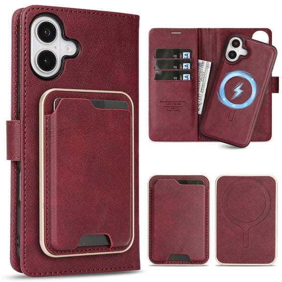 PU Leather Case for iPhone 17, 3-in-1 Detachable Magnetic Wallet Case with Card Bag & Inner Back Cover, Full Body Rugged Protection Kickstand Shockproof Classic Business Phone Case, Red