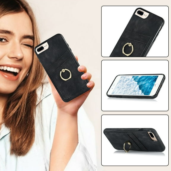 PU Leather Case for iPhone 8 Plus / iPhone 7 Plus with Ring Holder Stand Card Slots Cover, Flexible Soft TPU Shockproof Non-Slip Bracket Phone Case for iPhone 8 Plus / iPhone 7 Plus 5.5 Inch,Black