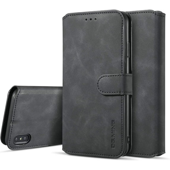 PU Leather Case for iPhone XS Max,Vintage Retro Premium Wallet Flip Cover TPU Inner Shell [Card Slots] [Magnetic Closure] Stand Function Folio Shockproof Full Protection for iPhone XS Max-Black