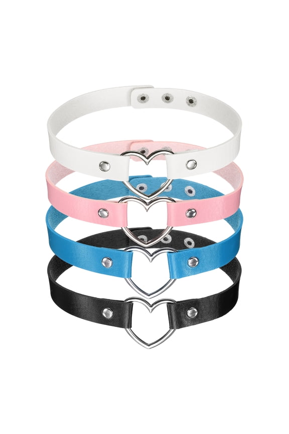 PU Leather Chokers, Love Heart Chokers Collar Necklace Gothic Punk Grunge Emo Necklace Adjustable PU Collar for Women, Black and 3 Colors, 4Pcs
