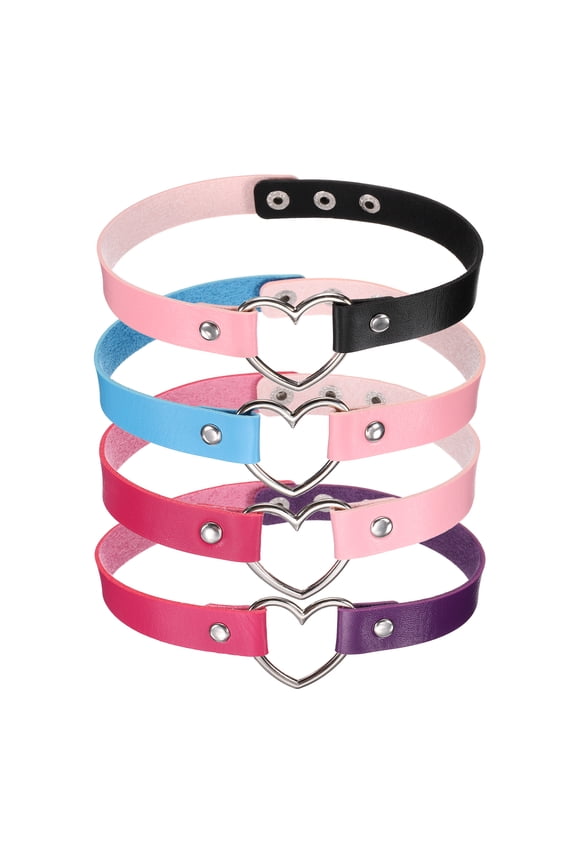 PU Leather Chokers, Love Heart Chokers Collar Necklace Gothic Punk Grunge Emo Necklace Adjustable PU Collar for Women, Blue Pink and 3 Colors, 4Pcs