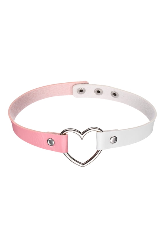PU Leather Chokers, Love Heart Chokers Collar Necklace Gothic Punk Grunge Emo Necklace Adjustable PU Collar for Women, Pink White, 1Pcs