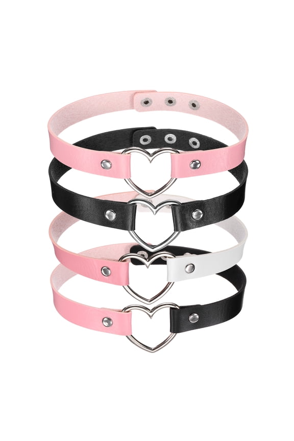 PU Leather Chokers, Love Heart Chokers Collar Necklace Gothic Punk Grunge Emo Necklace Adjustable PU Collar for Women, Pink White and 3 Colors, 4Pcs