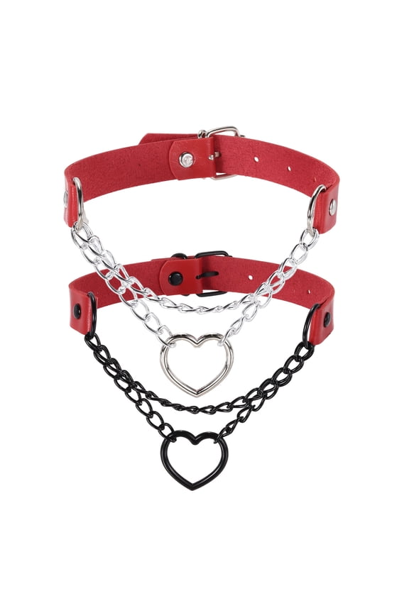PU Leather Chokers, Love Heart Chokers Collar Necklace Gothic Punk Grunge Emo Necklace for Women, Black/Silver Red, 2Pcs
