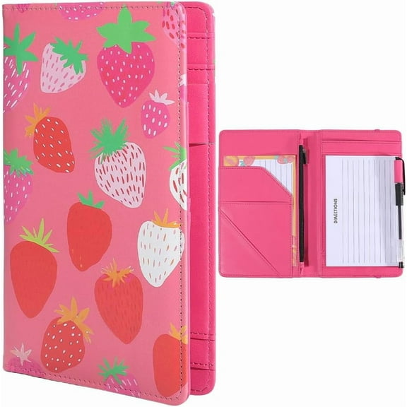 PU Leather Clipboards Portfolio Folder Leather Padfolio Binder Storage Clipboard with 5 Pockets Spiral Clipboard Folio with Notepad Elastic Closure and Pen Loop Strawberry 7.8x4.9 Inch
