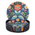 thumbnail image 1 of PU Leather Coasters for Drinks Bar Beer,Set of 6 with Holder,Round Housewarming Gift,Beautiful Colorful Folk Art Floral Pattern On Dark Blue Background, 1 of 4