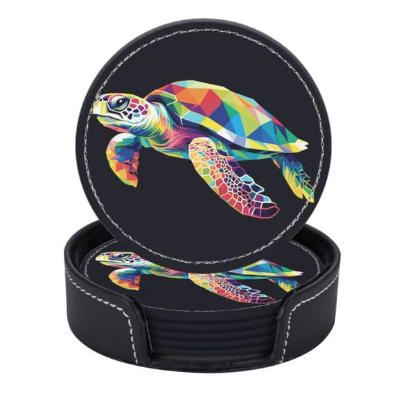 PU Leather Coasters for Drinks Bar Beer,Set of 6 with Holder,Round Housewarming Gift,Colorful Geometric Sea Turtle Vector Illustration On Black Background