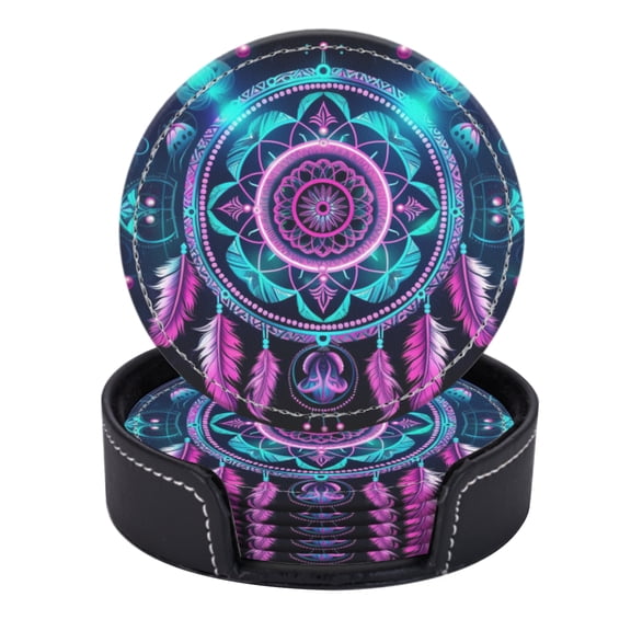 PU Leather Coasters for Drinks Bar Beer,Set of 6 with Holder,Round Housewarming Gift,Dreamcatcher, Vector Illustration With Light Effect Mandala Pattern