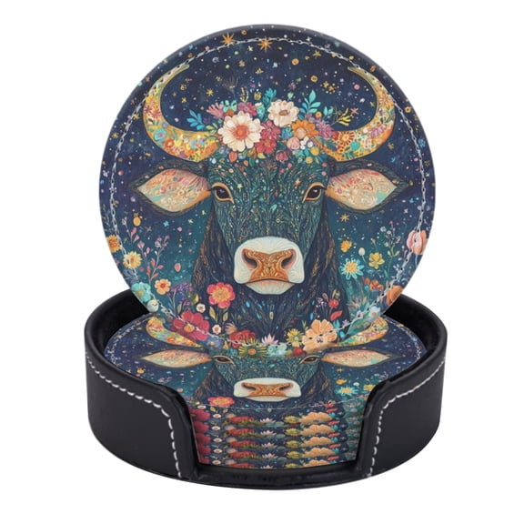PU Leather Coasters for Drinks Bar Beer,Set of 6 with Holder,Round Housewarming Gift,Stunning Taurus Zodiac Sign Circular Design With Floral And Boho Elements