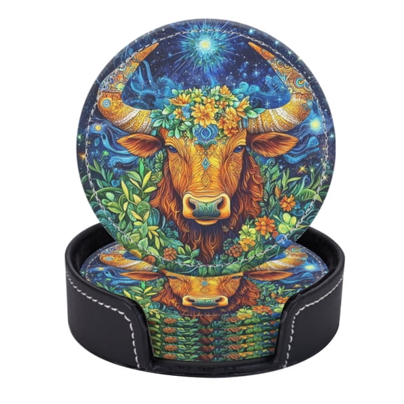 PU Leather Coasters for Drinks Bar Beer,Set of 6 with Holder,Round Housewarming Gift,Vibrant And Detailed Circular Design Featuring The Taurus Zodiac Sign