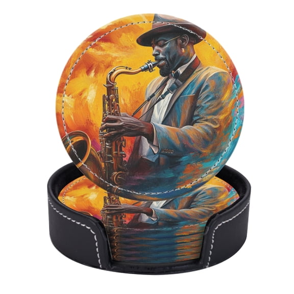 PU Leather Coasters for Drinks Bar Beer,Set of 6 with Holder,Round Housewarming Gift,Vibrant And Expressive Painting Of African American Jazz Musician