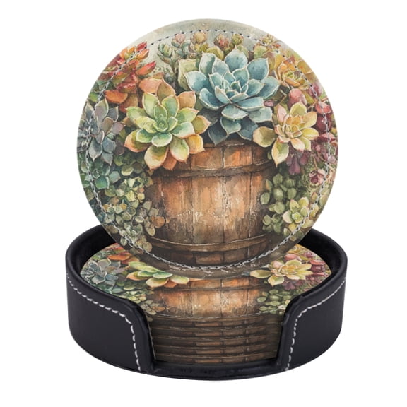 PU Leather Coasters for Drinks Bar Beer,Set of 6 with Holder,Round Housewarming Gift,Vintage Watercolor Portrait Of Array Of Succulents In Various Colors