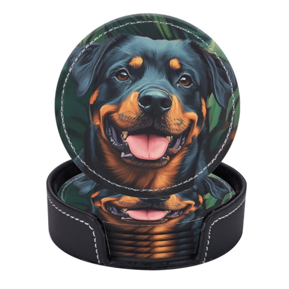 PU Leather Coasters for Drinks Bar Beer,Set of 6 with Holder,Round Housewarming Gift,Adorable Rottweiler With Tongue Out