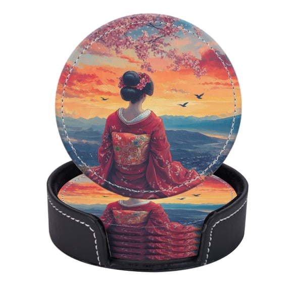PU Leather Coasters for Drinks Bar Beer,Set of 6 with Holder,Round Housewarming Gift,Beautiful Geisha In Red Kimono Sitting Under Cherry Blossom Tree