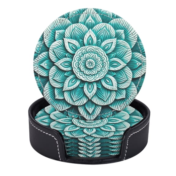 PU Leather Coasters for Drinks Bar Beer,Set of 6 with Holder,Round Housewarming Gift,Beautiful Teal Lotus Mandala In The Style Of Wood Carving