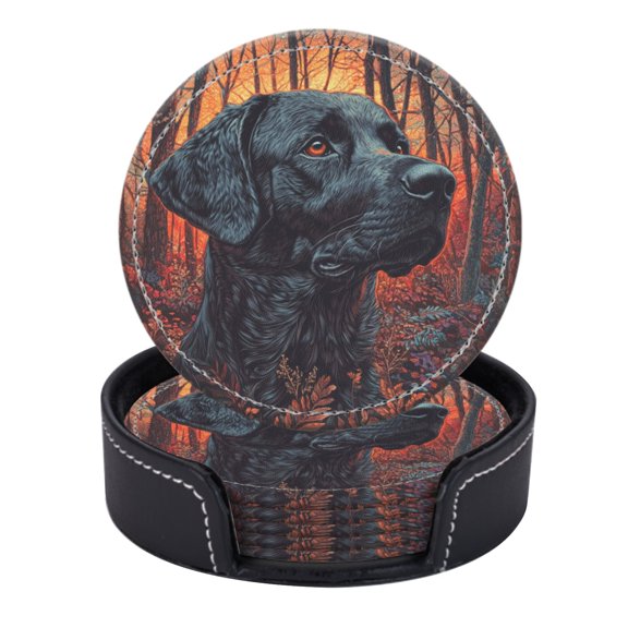 PU Leather Coasters for Drinks Bar Beer,Set of 6 with Holder,Round Housewarming Gift,Black Labrador Retriever In The Forest