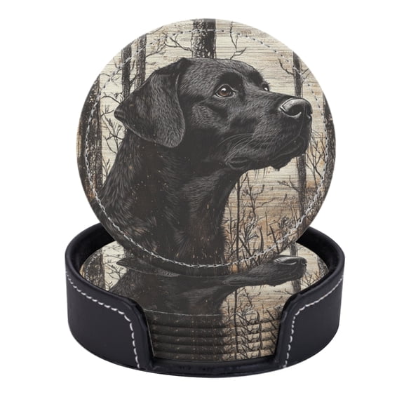 PU Leather Coasters for Drinks Bar Beer,Set of 6 with Holder,Round Housewarming Gift,Black Labrador Retriever In The Woods