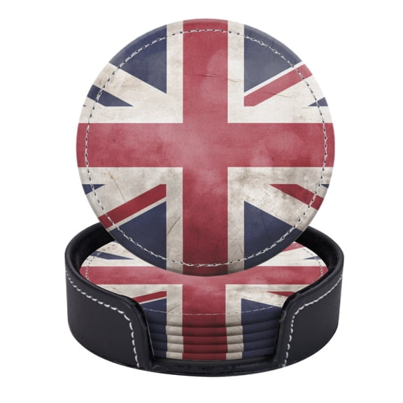 PU Leather Coasters for Drinks Bar Beer,Set of 6 with Holder,Round Housewarming Gift,British Flag Background With Grunge Texture