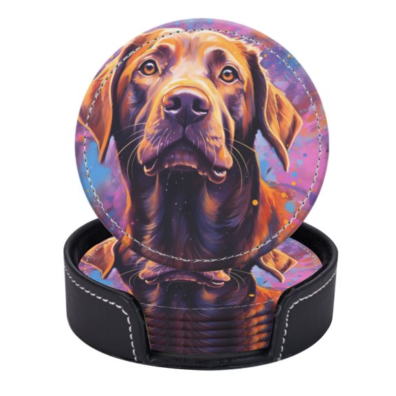 PU Leather Coasters for Drinks Bar Beer,Set of 6 with Holder,Round Housewarming Gift,Brown Labrador With Colorful Background