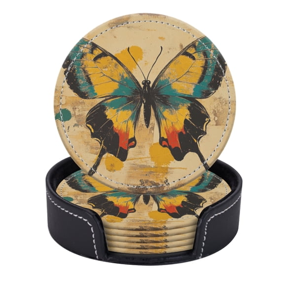 PU Leather Coasters for Drinks Bar Beer,Set of 6 with Holder,Round Housewarming Gift,Butterfly In The Style Of Greg Simkins