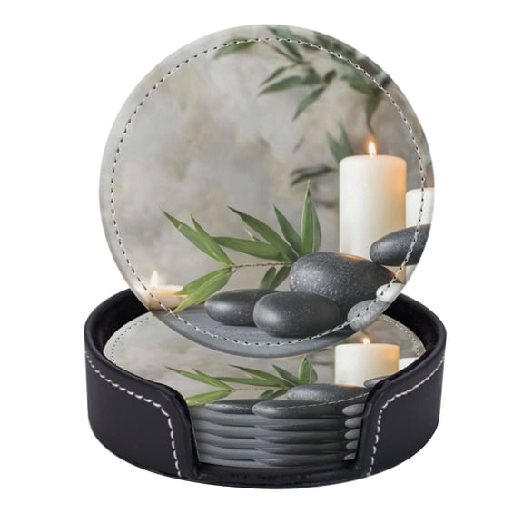 PU Leather Coasters for Drinks Bar Beer,Set of 6 with Holder,Round Housewarming Gift,Candles And Rocks On Table With Plant