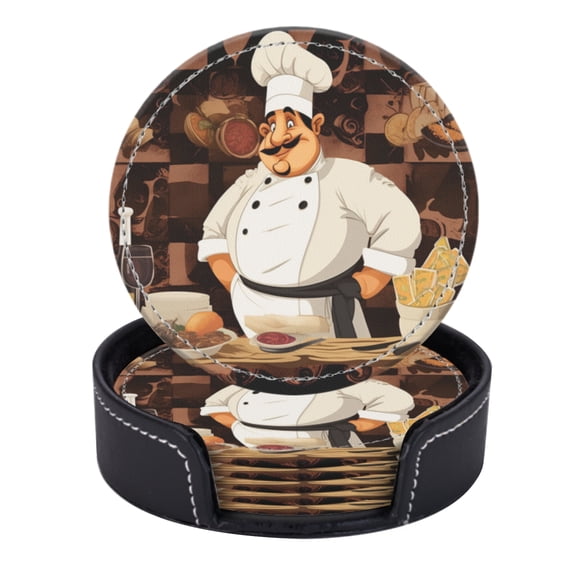 PU Leather Coasters for Drinks Bar Beer,Set of 6 with Holder,Round Housewarming Gift,Cartoon Chef Character Is Surrounded By Various Types Of Food
