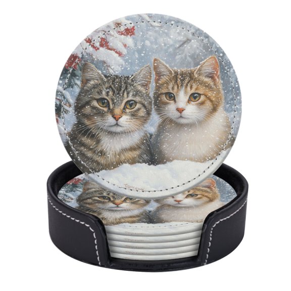 PU Leather Coasters for Drinks Bar Beer,Set of 6 with Holder,Round Housewarming Gift,Cats Sitting On The Snow
