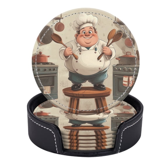 PU Leather Coasters for Drinks Bar Beer,Set of 6 with Holder,Round Housewarming Gift,Chubby Chef Holding Spoons