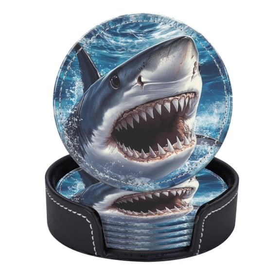 PU Leather Coasters for Drinks Bar Beer,Set of 6 with Holder,Round Housewarming Gift,Circular Design For The Bottom Of Ocean-Themed Pizza Box